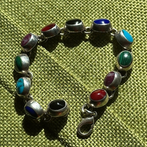 Vtg 23g Sterling Bracelet 6.5 Multi Gemstone Cabochon Onyx Lapis Coral 4127 B - Picture 11 of 12